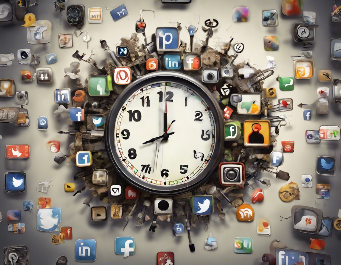 Часы, окруженные иконками социальных сетей на цифровом экране