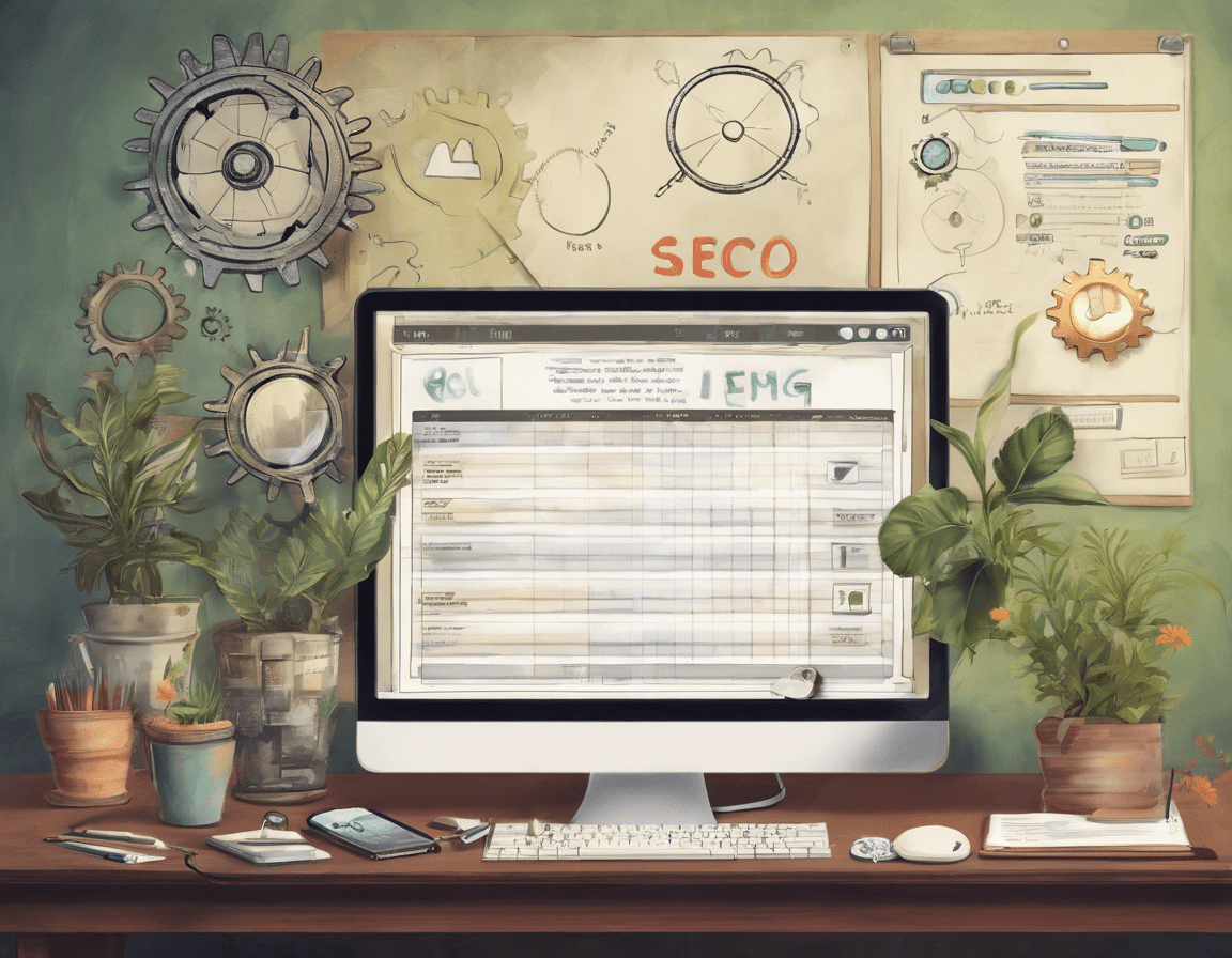 Экран компьютера с чек-листом SEO и иконками на столе с растением