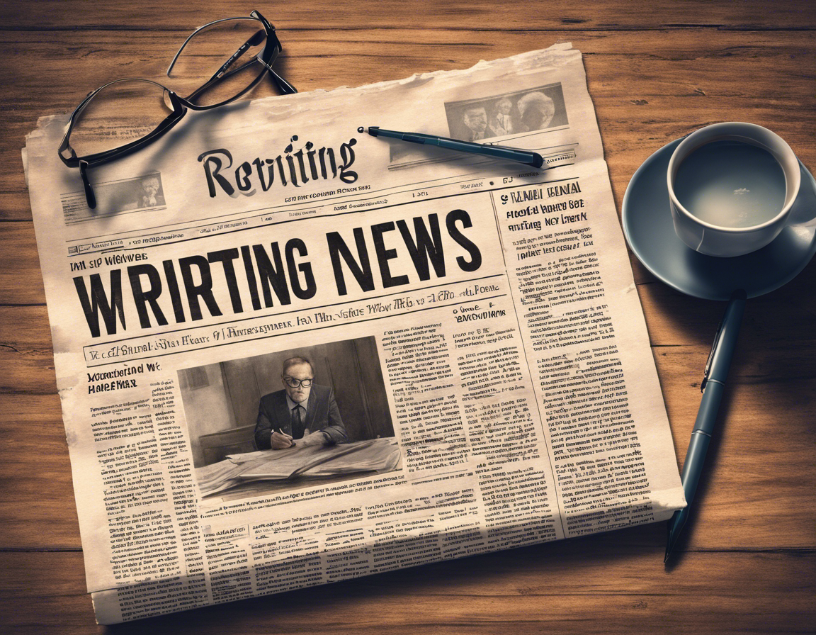 Газета с заголовком 'Рерайтинг Новостей' на деревянном столе с ручкой и очками
