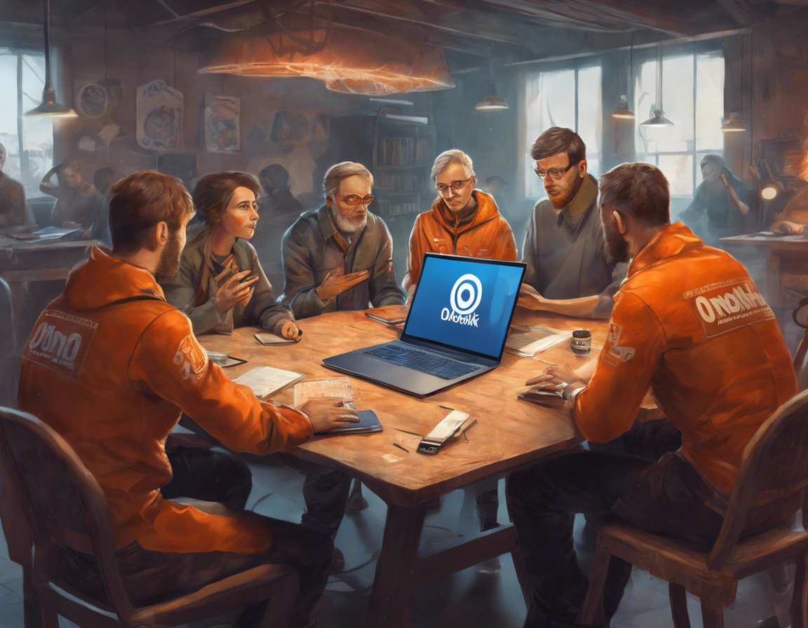 группа людей обсуждает стратегии социальных медиа вокруг стола с ноутбуком, на экране которого логотип Одноклассников