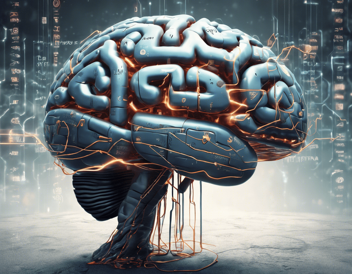 Искусственный интеллект в виде мозга с символами текста вокруг