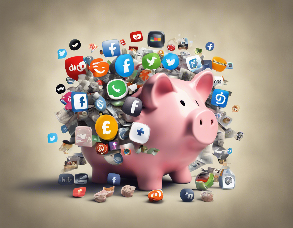 Коллаж иконок социальных сетей и копилки, символизирующий экономичную рекламу