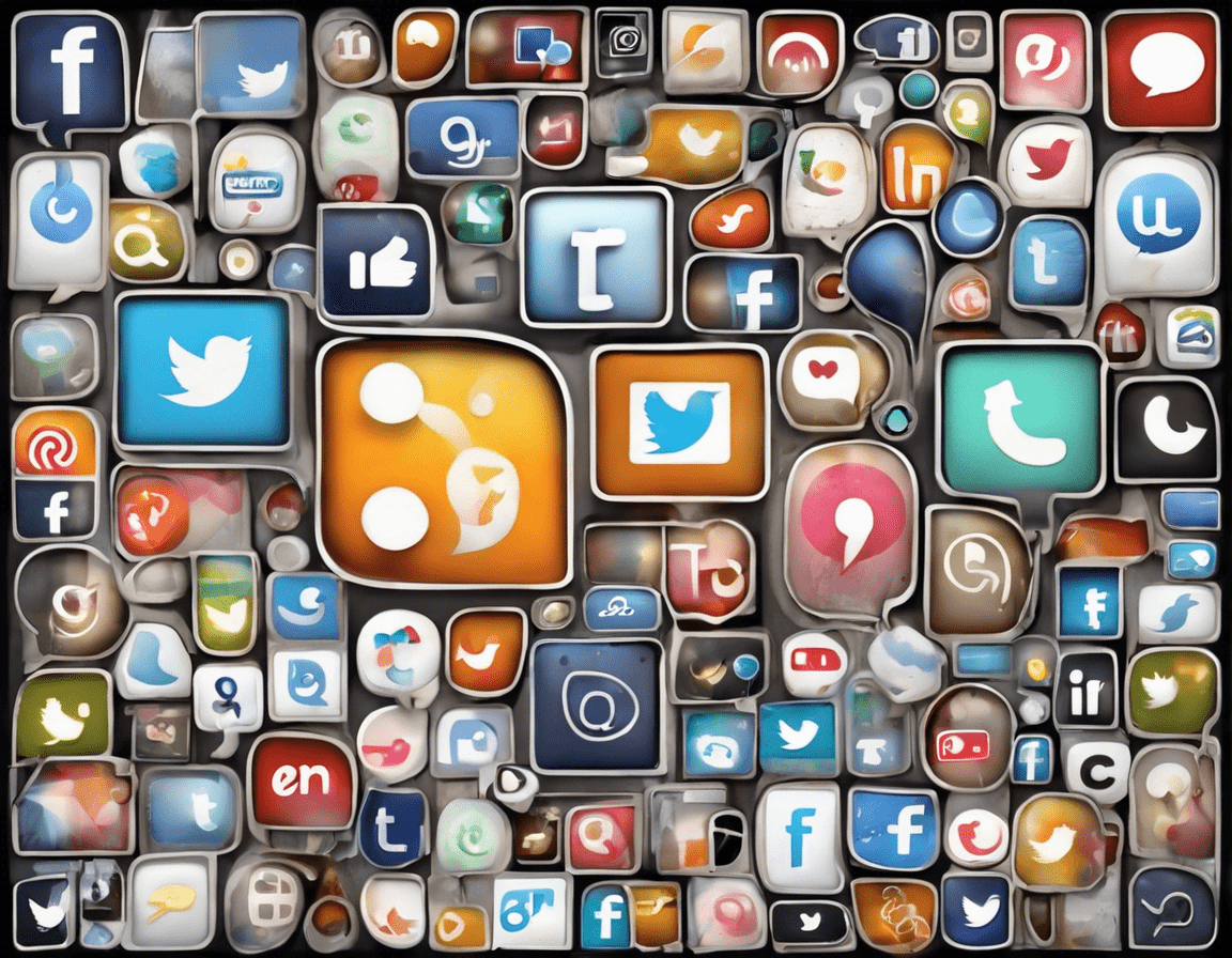 Коллаж иконок социальных сетей и текстовых пузырей на цифровом экране