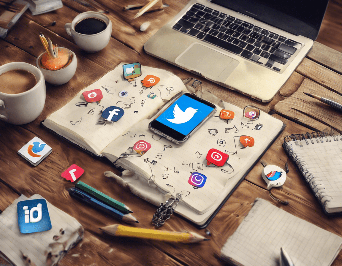 Коллаж иконок социальных сетей с карандашом и блокнотом на деревянном столе