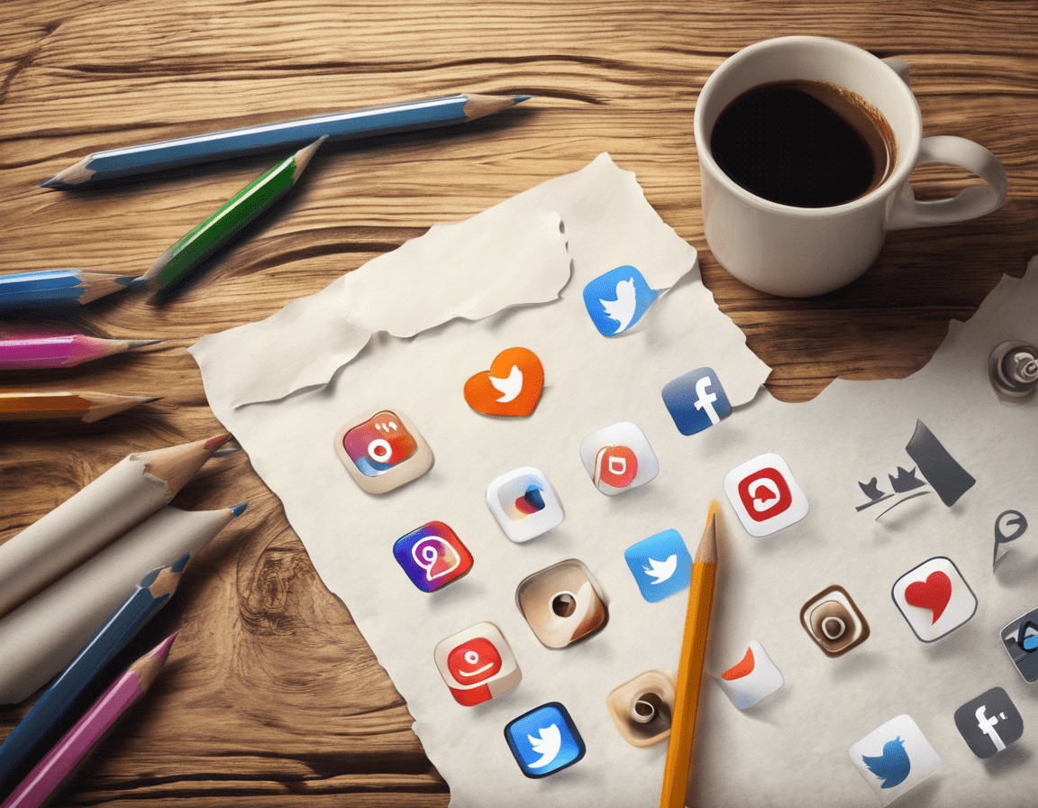 Коллаж иконок социальных сетей с карандашом и бумагой на деревянном столе