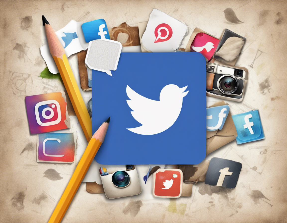 Коллаж иконок социальных сетей с карандашом и бумагой на заднем плане