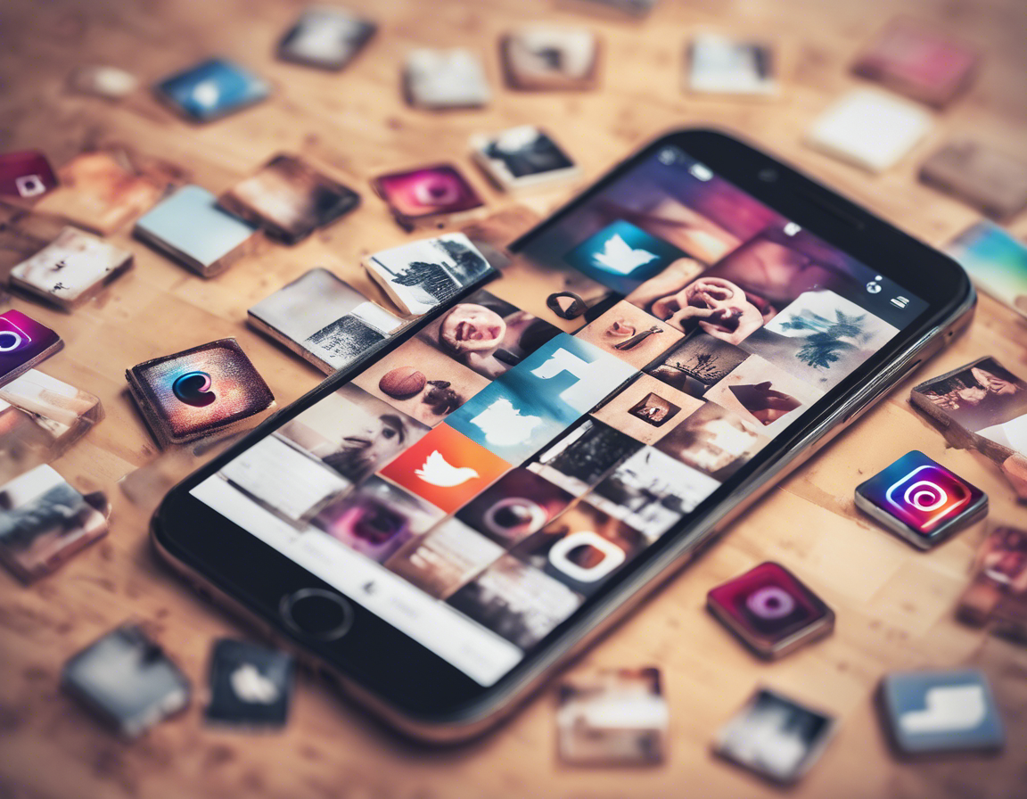 Коллаж популярных хэштегов Instagram над смартфоном с открытым профилем в Instagram
