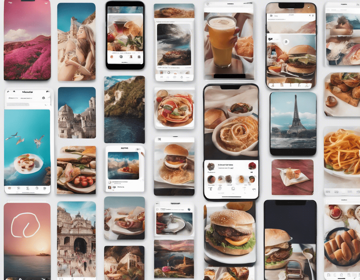 Коллаж постов в Instagram с разными темами на экране смартфона