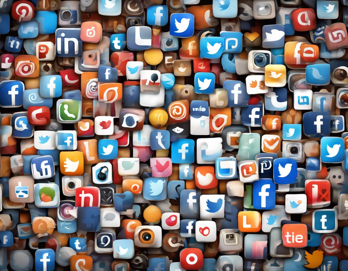Коллаж различных иконок социальных медиа на фоне цифрового маркетинга