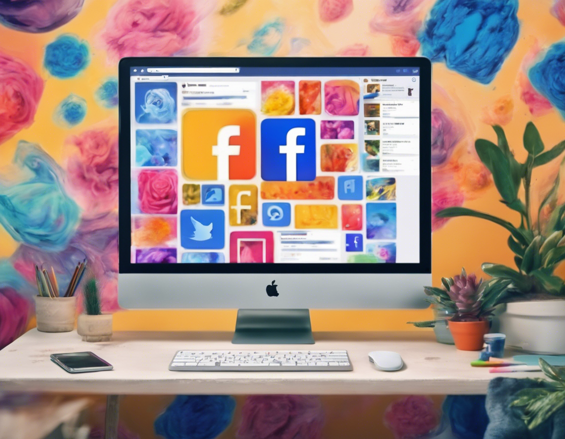 Макет рекламного поста в Facebook на экране компьютера с яркими изображениями и иконками социальных сетей