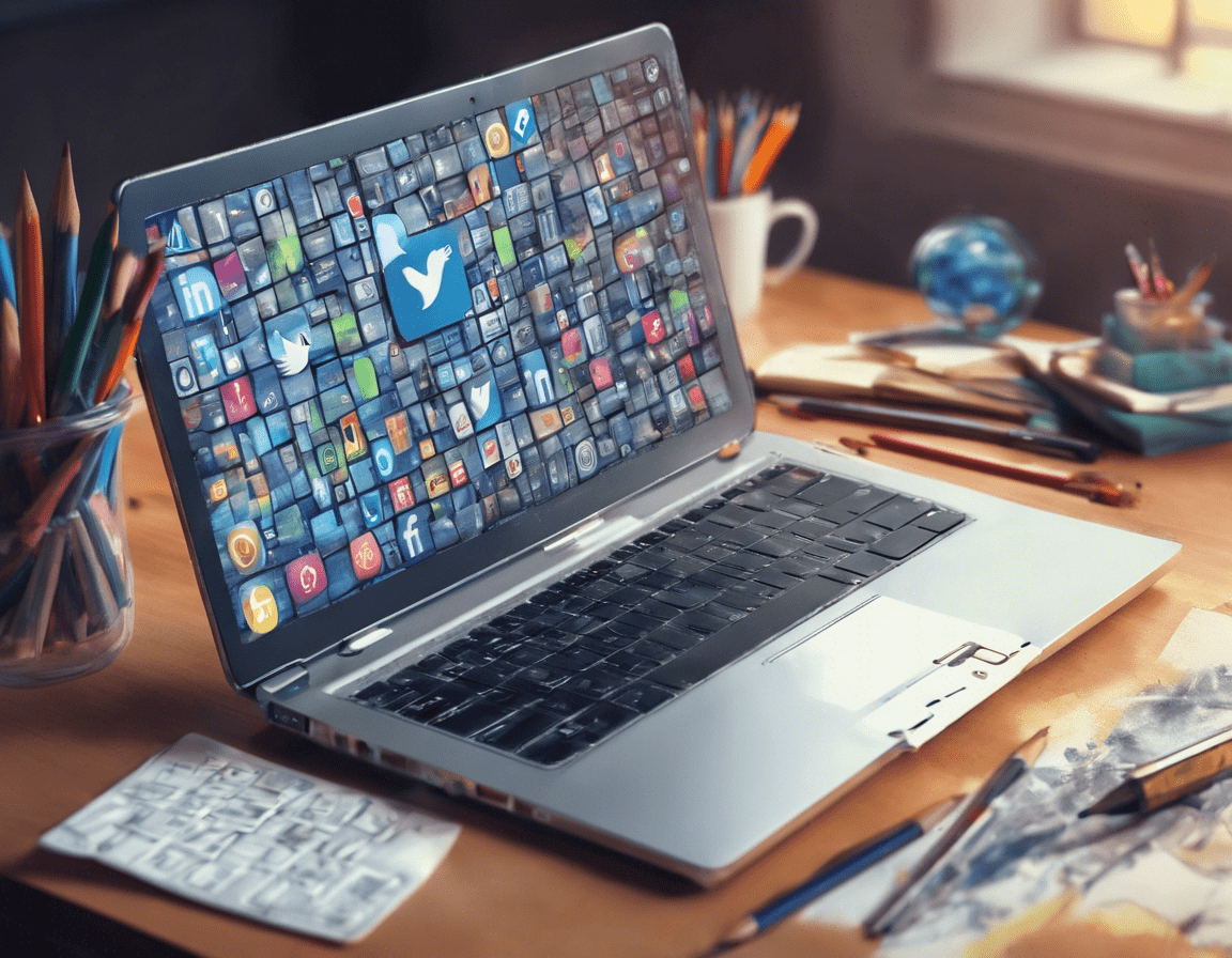 ноутбук с иконками социальных сетей и карандаш на современном столе