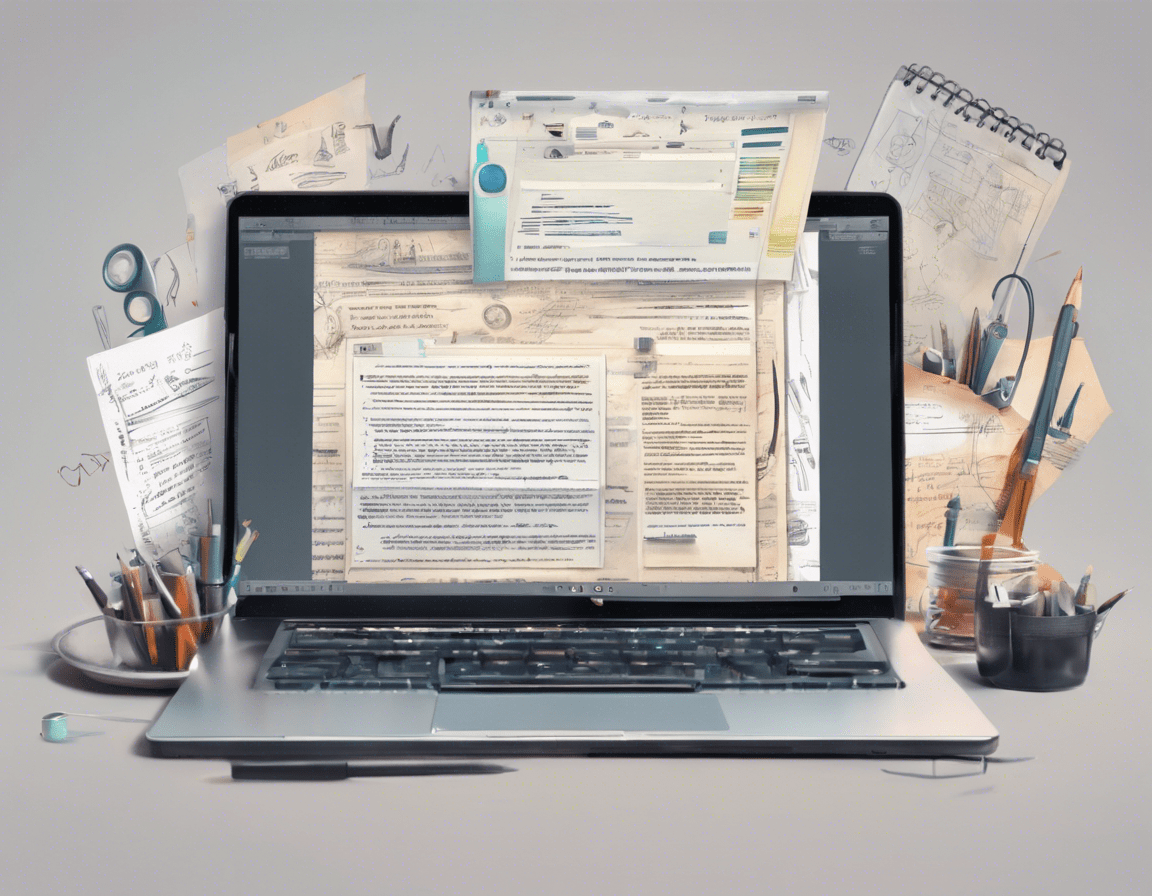 ноутбук с открытым документом и инструментами SEO вокруг