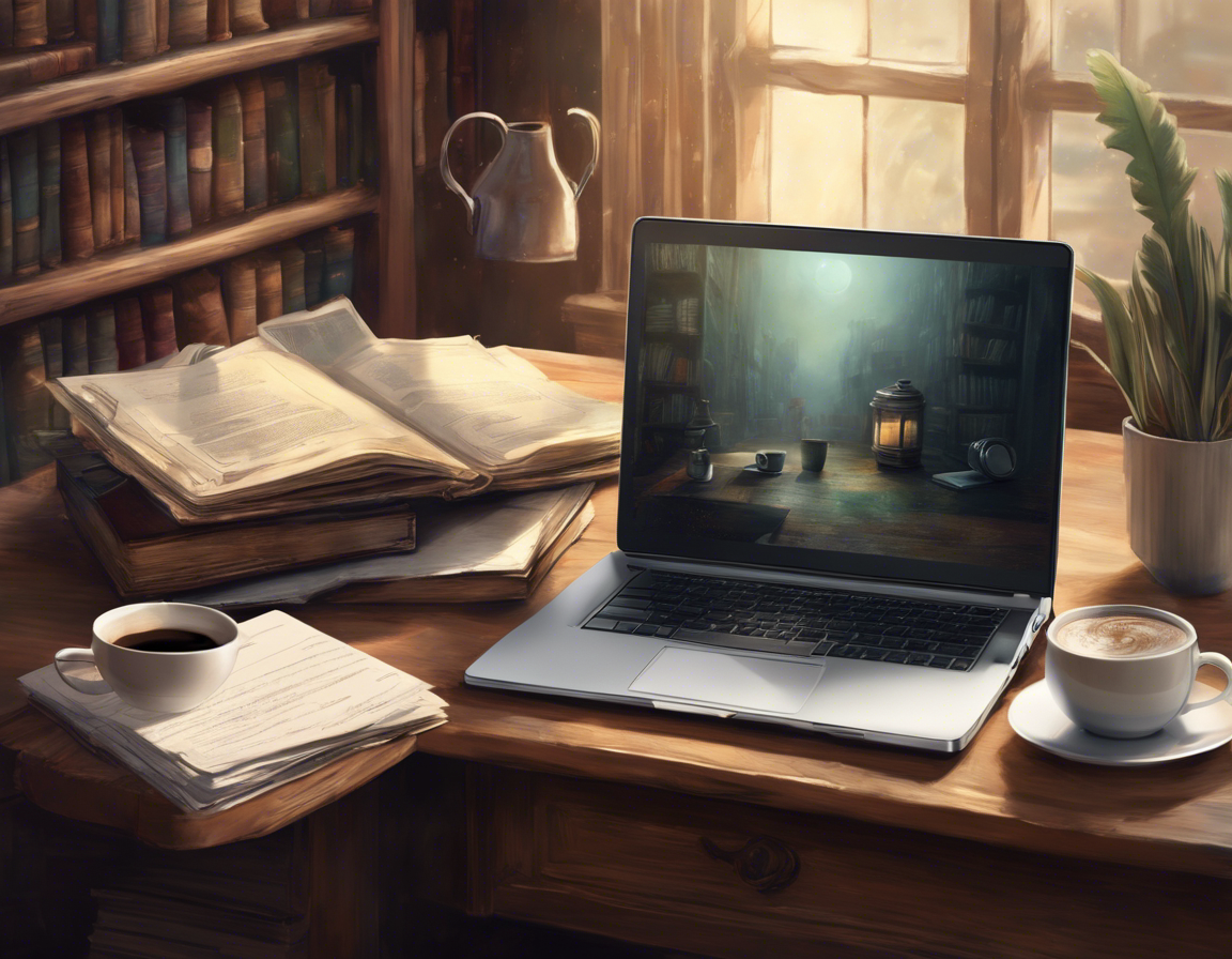 ноутбук с открытым документом на экране, окруженный книгами и чашкой кофе на деревянном столе