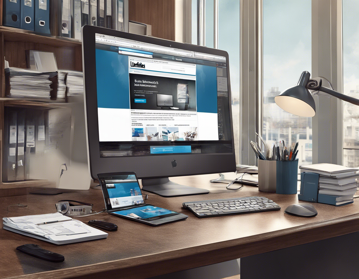 Офисный стол с компьютером, на экране которого открыт сайт LinkedIn