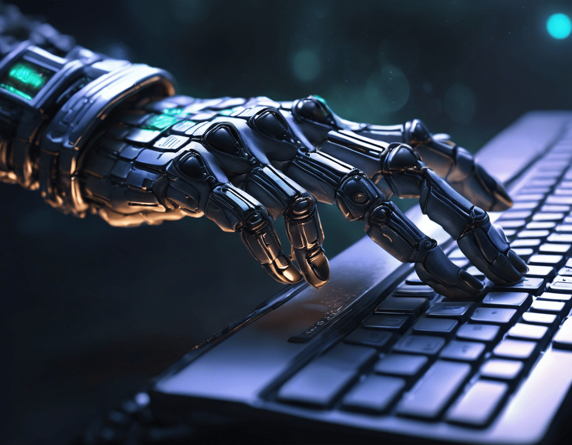 Роботизированная рука печатает на клавиатуре компьютера
