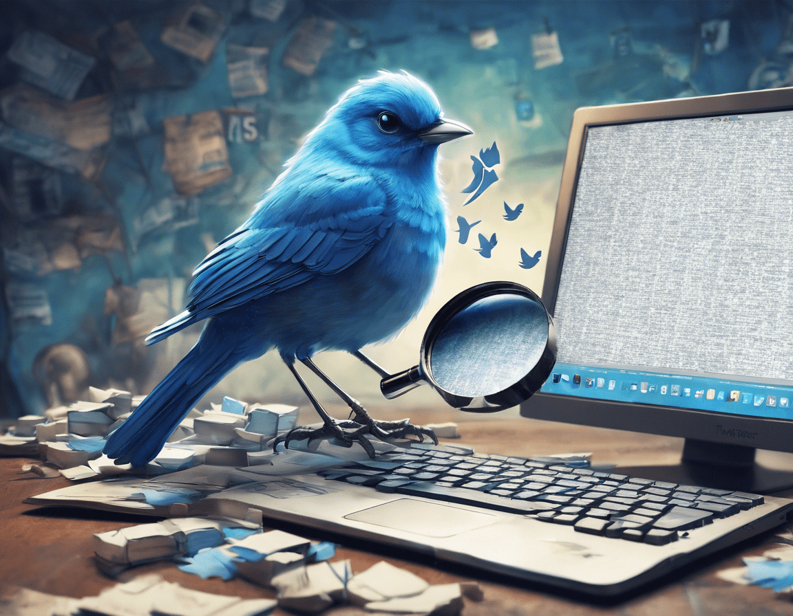синяя птица с лупой над кучей хэштегов и твитов на экране компьютера