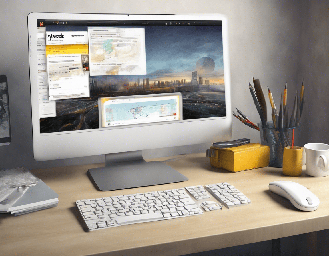 современный офисный стол с компьютером, на экране которого открыта главная страница поисковика Яндекс