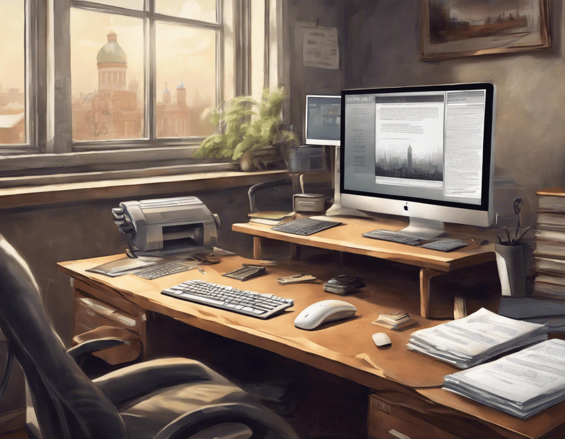 современный офисный стол с компьютером, на экране которого открыт текстовый процессор с русским текстом