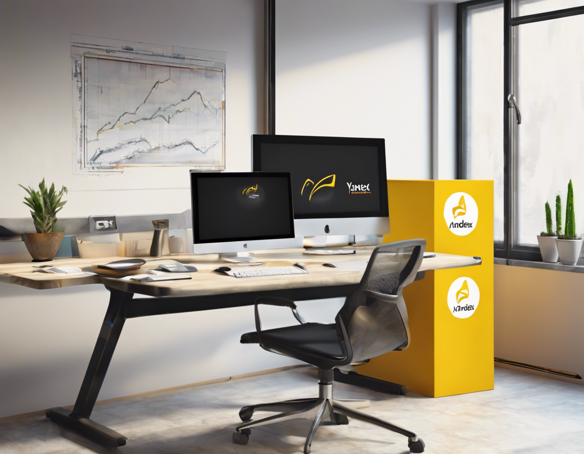 Современный офисный стол с компьютером, на экране которого логотип Яндекс.Дзен