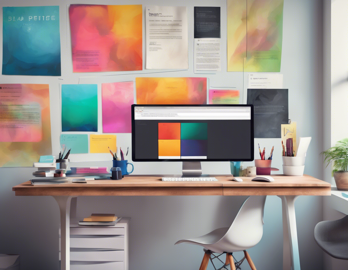 современный офисный стол с компьютером, на экране которого открыт цветной макет блог-поста