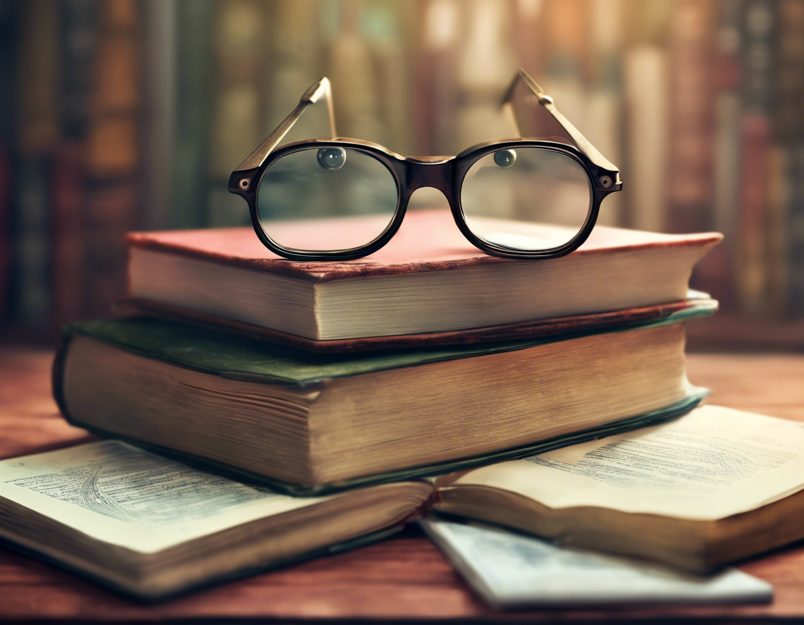 стопка академических книг с очками и лупой сверху