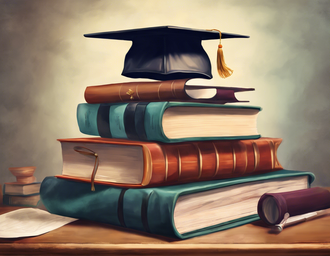 стопка книг на столе с дипломом и выпускной шапкой