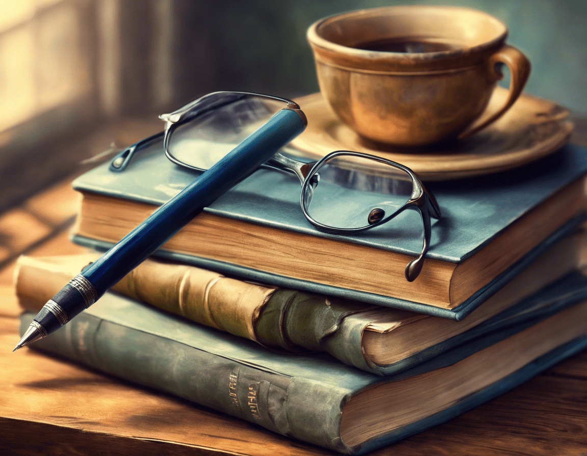 стопка книг с очками и ручкой сверху на деревянном столе