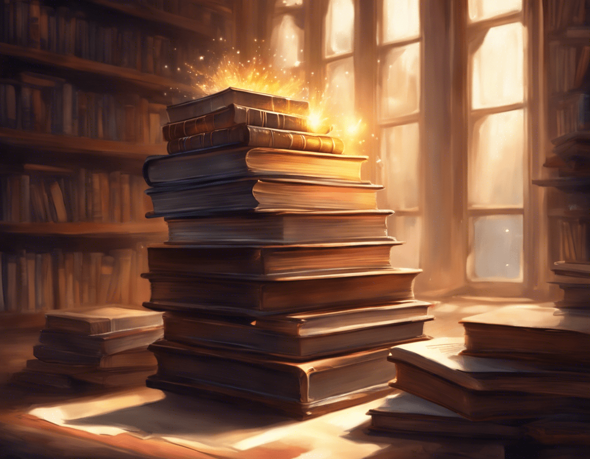 Стопка книг с одной открытой и светящейся, символизирующей знания и трансформацию