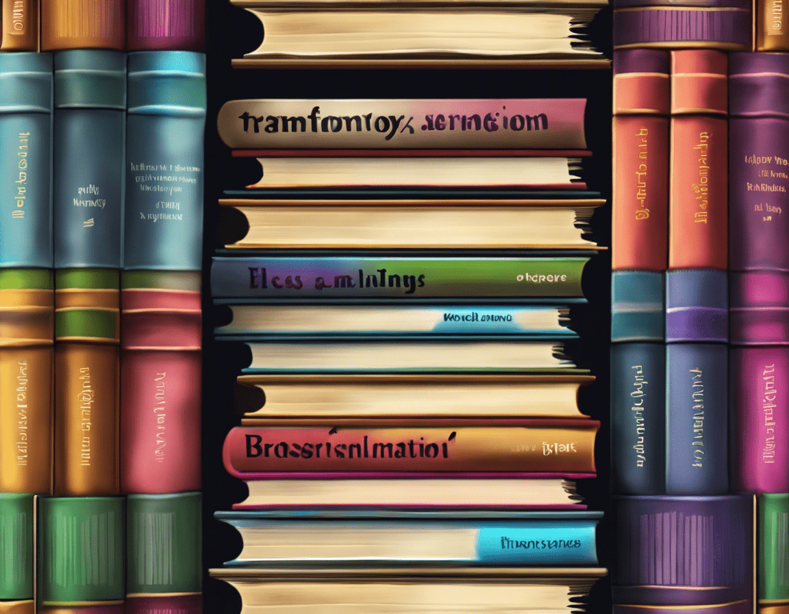 стопка книг с открытой книгой, показывающей цветные трансформации текста и синонимы