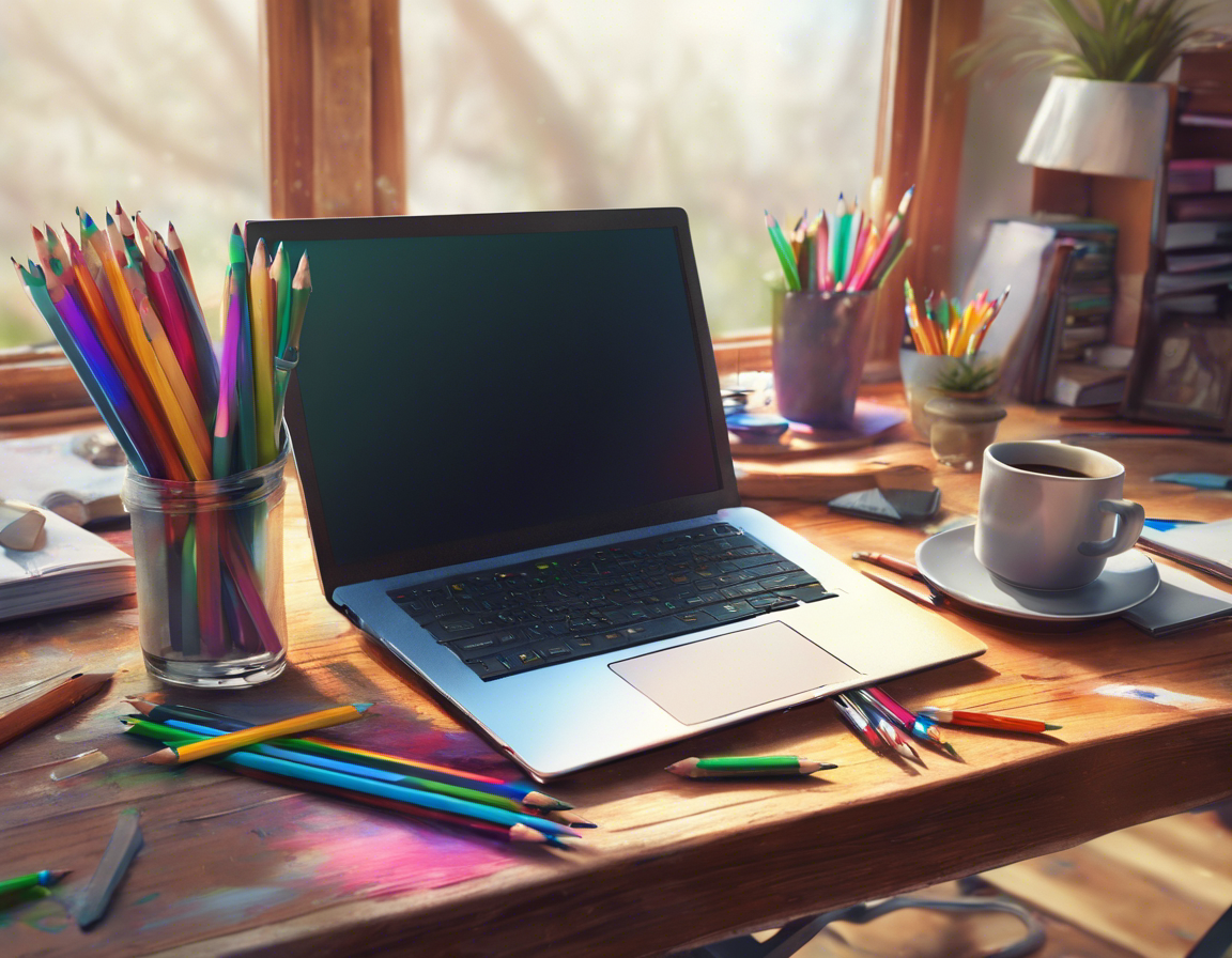 Творческое рабочее место с ноутбуком, блокнотом и цветными карандашами на деревянном столе