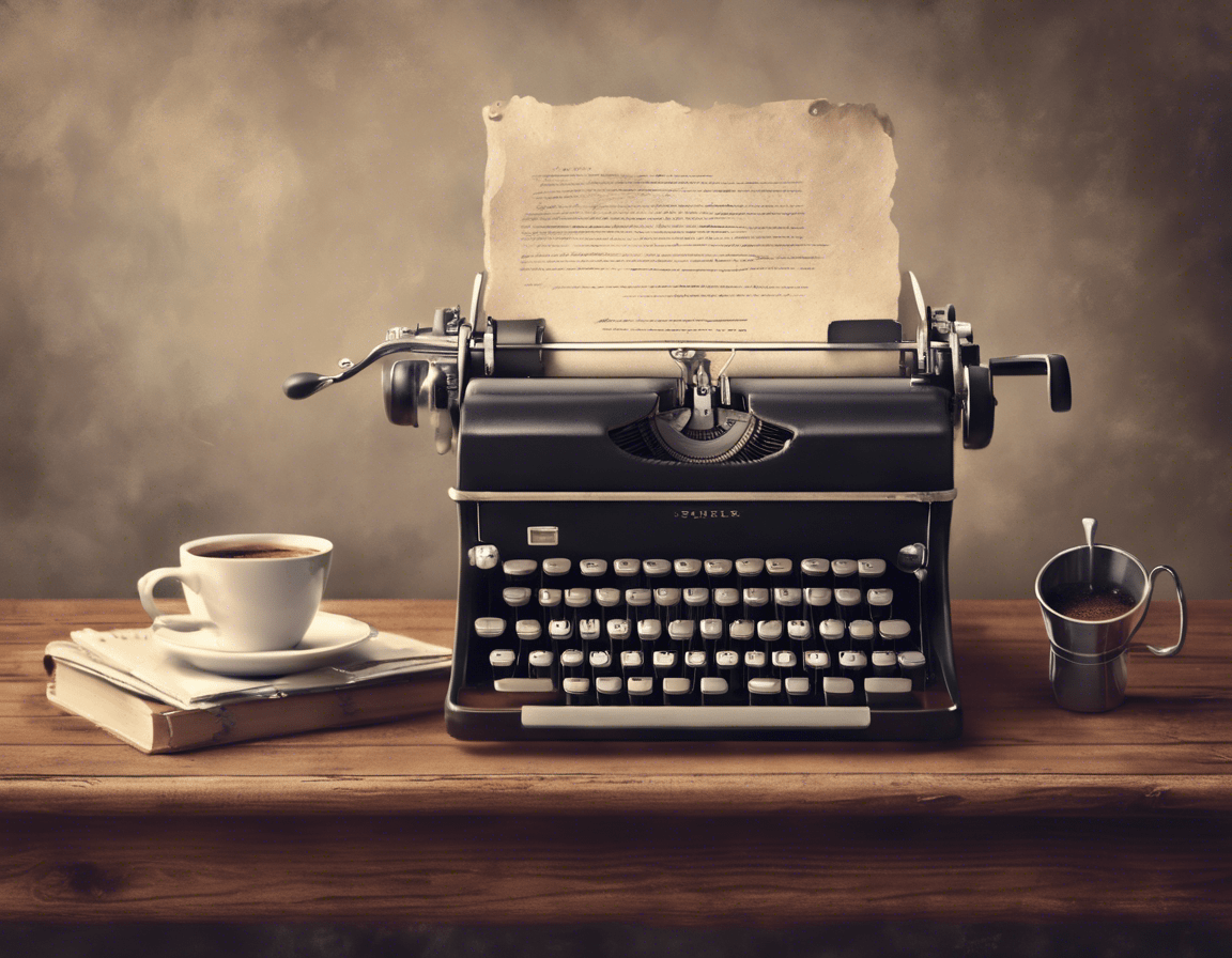 Винтажная печатная машинка с элегантным текстом и чашкой кофе на деревянном столе