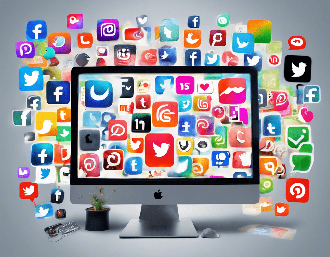 яркий коллаж иконок социальных сетей и привлекательных постов на экране компьютера